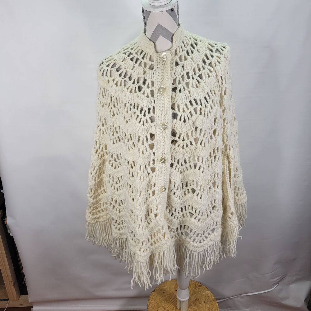 Handmade Button Front Crochet Cape Arm Holes One size